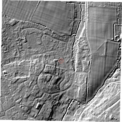 Shaded relief map of the ground around PO220HY, computed from Environment Agency LiDAR. The ground here sits at about 5 m above sea level and falls 9 m across the surrounding 800 m. Surface water reaching this point runs off ground lying to the north-north-west, 5.2 m higher.