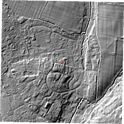 Shaded relief map of the ground around PO220HZ, computed from Environment Agency LiDAR. The ground here sits at about 7 m above sea level and falls 9 m across the surrounding 800 m. Surface water reaching this point runs off ground lying to the south-west, 3.1 m higher.