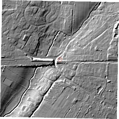 Shaded relief map of the ground around PO220JA, computed from Environment Agency LiDAR. The ground here sits at about 6 m above sea level and falls 13 m across the surrounding 800 m. Surface water reaching this point runs off ground lying to the east-south-east, 8.6 m higher.