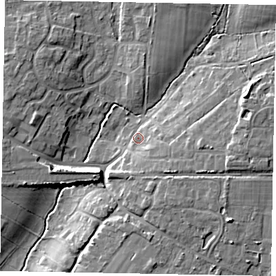 Shaded relief map of the ground around PO220JB, computed from Environment Agency LiDAR. The ground here sits at about 6 m above sea level and falls 13 m across the surrounding 800 m. Surface water reaching this point runs off ground lying to the south-east, 8.8 m higher.