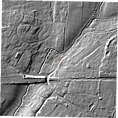 Shaded relief map of the ground around PO220JD, computed from Environment Agency LiDAR. The ground here sits at about 4 m above sea level and falls 13 m across the surrounding 800 m. Surface water reaching this point runs off ground lying to the east-north-east, 12.0 m higher.