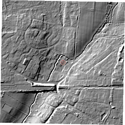 Shaded relief map of the ground around PO220JL, computed from Environment Agency LiDAR. The ground here sits at about 4 m above sea level and falls 13 m across the surrounding 800 m. Surface water reaching this point runs off ground lying to the south-west, 6.9 m higher.