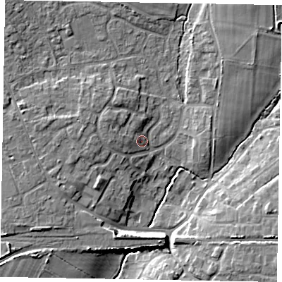Shaded relief map of the ground around PO220JN, computed from Environment Agency LiDAR. The ground here sits at about 6 m above sea level and falls 9 m across the surrounding 800 m. Surface water reaching this point runs off ground lying to the south-east, 8.9 m higher.