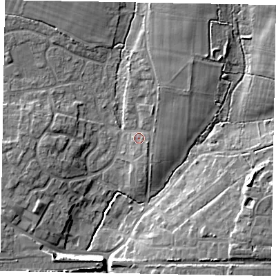 Shaded relief map of the ground around PO220JR, computed from Environment Agency LiDAR. The ground here sits at about 7 m above sea level and falls 12 m across the surrounding 800 m. Surface water reaching this point runs off ground lying to the north-north-east, 2.5 m higher.