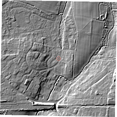Shaded relief map of the ground around PO220JS, computed from Environment Agency LiDAR. The ground here sits at about 5 m above sea level and falls 12 m across the surrounding 800 m. Surface water reaching this point runs off ground lying to the west, 7.4 m higher.