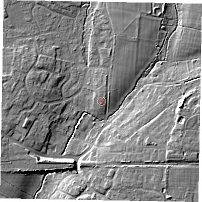 Shaded relief map of the ground around PO220JT, computed from Environment Agency LiDAR. The ground here sits at about 6 m above sea level and falls 12 m across the surrounding 800 m. Surface water reaching this point runs off ground lying to the north-north-east, 2.3 m higher.