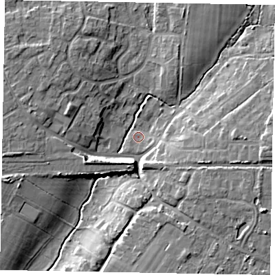 Shaded relief map of the ground around PO220JU, computed from Environment Agency LiDAR. The ground here sits at about 4 m above sea level and falls 11 m across the surrounding 800 m. Surface water reaching this point runs off ground lying to the east-south-east, 10.1 m higher.