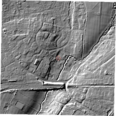 Shaded relief map of the ground around PO220JX, computed from Environment Agency LiDAR. The ground here sits at about 5 m above sea level and falls 10 m across the surrounding 800 m. Surface water reaching this point runs off ground lying to the west-north-west, 5.9 m higher.