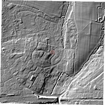 Shaded relief map of the ground around PO220LA, computed from Environment Agency LiDAR. The ground here sits at about 5 m above sea level and falls 10 m across the surrounding 800 m. Surface water reaching this point runs off ground lying to the west, 4.8 m higher.