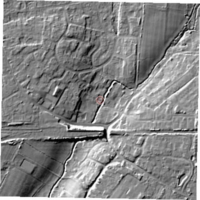 Shaded relief map of the ground around PO220LR, computed from Environment Agency LiDAR. The ground here sits at about 4 m above sea level and falls 10 m across the surrounding 800 m. Surface water reaching this point runs off ground lying to the east-south-east, 9.8 m higher.
