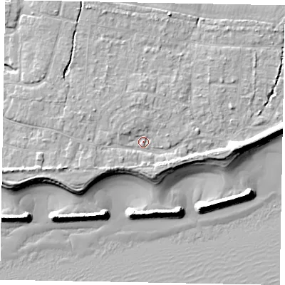 Shaded relief map of the ground around PO226AZ, computed from Environment Agency LiDAR. The ground here sits at about 4 m above sea level and falls 10 m across the surrounding 800 m. Surface water reaching this point runs off ground lying to the west-south-west, 2.5 m higher.