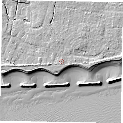 Shaded relief map of the ground around PO226HU, computed from Environment Agency LiDAR. The ground here sits at about 5 m above sea level and falls 9 m across the surrounding 800 m. The ground contributing surface water to this point lies to the south-south-west.