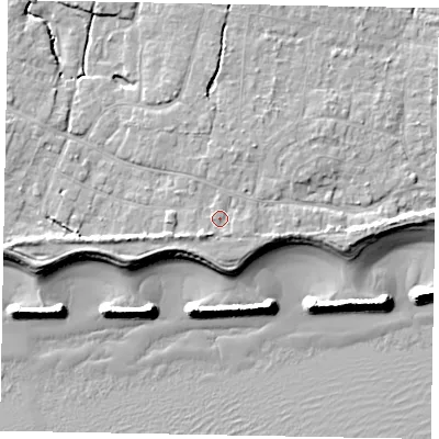 Shaded relief map of the ground around PO226HX, computed from Environment Agency LiDAR. The ground here sits at about 5 m above sea level and falls 9 m across the surrounding 800 m. Surface water reaching this point runs off ground lying to the south-west, 1.6 m higher.