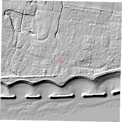 Shaded relief map of the ground around PO226HZ, computed from Environment Agency LiDAR. The ground here sits at about 5 m above sea level and falls 9 m across the surrounding 800 m. Surface water reaching this point runs off ground lying to the north-north-east, 0.9 m higher.