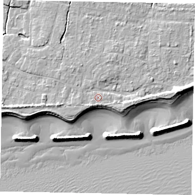Shaded relief map of the ground around PO226JA, computed from Environment Agency LiDAR. The ground here sits at about 5 m above sea level and falls 10 m across the surrounding 800 m. Surface water reaching this point runs off ground lying to the west-south-west, 1.6 m higher.