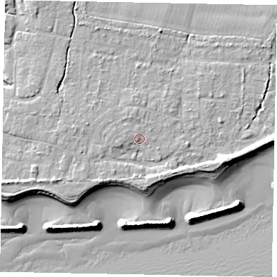 Shaded relief map of the ground around PO226JB, computed from Environment Agency LiDAR. The ground here sits at about 5 m above sea level and falls 10 m across the surrounding 800 m. Surface water reaching this point runs off ground lying to the west-south-west, 2.7 m higher.