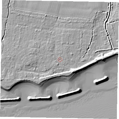 Shaded relief map of the ground around PO226JD, computed from Environment Agency LiDAR. The ground here sits at about 4 m above sea level and falls 10 m across the surrounding 800 m. Surface water reaching this point runs off ground lying to the west, 1.3 m higher.