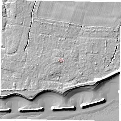 Shaded relief map of the ground around PO226JF, computed from Environment Agency LiDAR. The ground here sits at about 5 m above sea level and falls 9 m across the surrounding 800 m. Surface water reaching this point runs off ground lying to the west-south-west, 0.9 m higher.