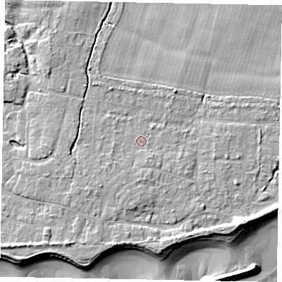 Shaded relief map of the ground around PO226JH, computed from Environment Agency LiDAR. The ground here sits at about 4 m above sea level and falls 9 m across the surrounding 800 m. Surface water reaching this point runs off ground lying to the south-south-west, 1.0 m higher.