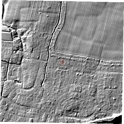 Shaded relief map of the ground around PO226JN, computed from Environment Agency LiDAR. The ground here sits at about 4 m above sea level and falls 7 m across the surrounding 800 m. Surface water reaching this point runs off ground lying to the south-west, 2.0 m higher.