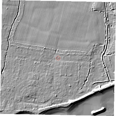 Shaded relief map of the ground around PO226JP, computed from Environment Agency LiDAR. The ground here sits at about 3 m above sea level and falls 9 m across the surrounding 800 m. Surface water reaching this point runs off ground lying to the west-south-west, 2.8 m higher.