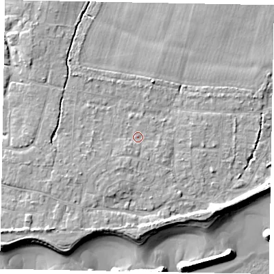 Shaded relief map of the ground around PO226JQ, computed from Environment Agency LiDAR. The ground here sits at about 4 m above sea level and falls 9 m across the surrounding 800 m. Surface water reaching this point runs off ground lying to the west, 2.3 m higher.