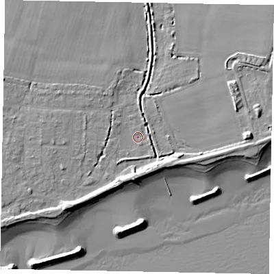 Shaded relief map of the ground around PO226JS, computed from Environment Agency LiDAR. The ground here sits at about 2 m above sea level and falls 11 m across the surrounding 800 m. Surface water reaching this point runs off ground lying to the east, 7.4 m higher.