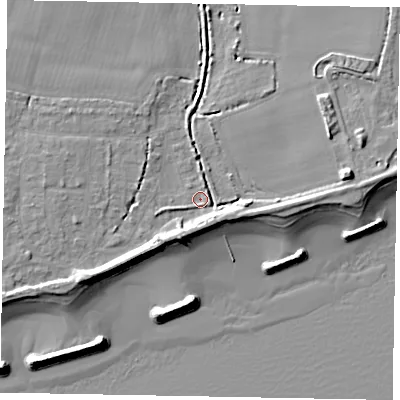 Shaded relief map of the ground around PO226JT, computed from Environment Agency LiDAR. The ground here sits at about 2 m above sea level and falls 11 m across the surrounding 800 m. Surface water reaching this point runs off ground lying to the south-south-west, 5.8 m higher.
