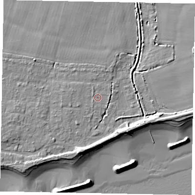 Shaded relief map of the ground around PO226JU, computed from Environment Agency LiDAR. The ground here sits at about 3 m above sea level and falls 9 m across the surrounding 800 m. Surface water reaching this point runs off ground lying to the west-south-west, 1.4 m higher.