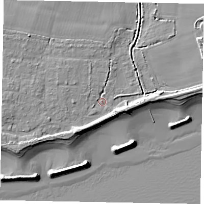 Shaded relief map of the ground around PO226JX, computed from Environment Agency LiDAR. The ground here sits at about 3 m above sea level and falls 9 m across the surrounding 800 m. Surface water reaching this point runs off ground lying to the south-west, 5.4 m higher.