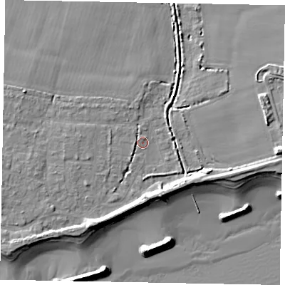 Shaded relief map of the ground around PO226JY, computed from Environment Agency LiDAR. The ground here sits at about 3 m above sea level and falls 11 m across the surrounding 800 m. Surface water reaching this point runs off ground lying to the east, 7.4 m higher.