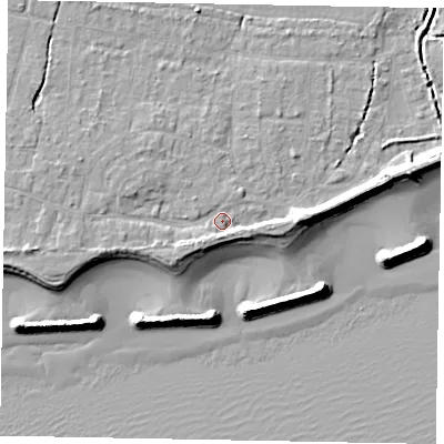 Shaded relief map of the ground around PO226LA, computed from Environment Agency LiDAR. The ground here sits at about 4 m above sea level and falls 10 m across the surrounding 800 m. Surface water reaching this point runs off ground lying to the west, 2.9 m higher.