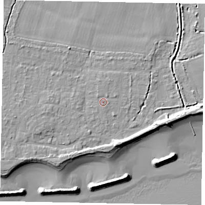 Shaded relief map of the ground around PO226LD, computed from Environment Agency LiDAR. The ground here sits at about 4 m above sea level and falls 9 m across the surrounding 800 m. Surface water reaching this point runs off ground lying to the north-west, 0.6 m higher.