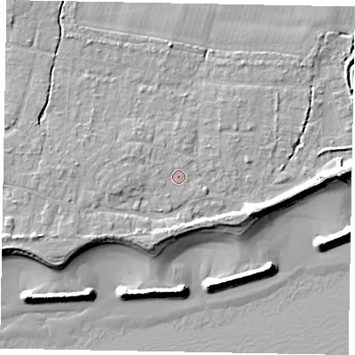 Shaded relief map of the ground around PO226LE, computed from Environment Agency LiDAR. The ground here sits at about 4 m above sea level and falls 10 m across the surrounding 800 m. Surface water reaching this point runs off ground lying to the west-north-west, 0.7 m higher.
