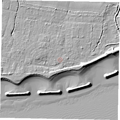 Shaded relief map of the ground around PO226LF, computed from Environment Agency LiDAR. The ground here sits at about 4 m above sea level and falls 10 m across the surrounding 800 m. Surface water reaching this point runs off ground lying to the west-south-west, 2.7 m higher.