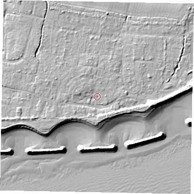 Shaded relief map of the ground around PO226LP, computed from Environment Agency LiDAR. The ground here sits at about 4 m above sea level and falls 10 m across the surrounding 800 m. Surface water reaching this point runs off ground lying to the west-south-west, 2.7 m higher.