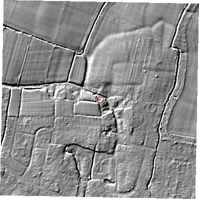 Shaded relief map of the ground around PO226NJ, computed from Environment Agency LiDAR. The ground here sits at about 4 m above sea level and falls 5 m across the surrounding 800 m. Surface water reaching this point runs off ground lying to the east-south-east, 3.6 m higher.