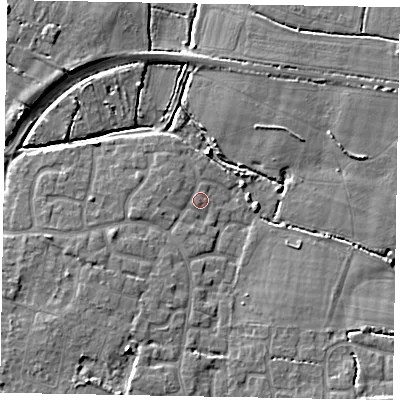 Shaded relief map of the ground around PO226QJ, computed from Environment Agency LiDAR. The ground here sits at about 4 m above sea level and falls 6 m across the surrounding 800 m. Surface water reaching this point runs off ground lying to the south-west, 2.8 m higher.