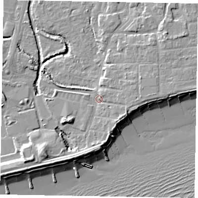 Shaded relief map of the ground around PO227AA, computed from Environment Agency LiDAR. The ground here sits at about 3 m above sea level and falls 11 m across the surrounding 800 m. Surface water reaching this point runs off ground lying to the east-south-east, 3.4 m higher.