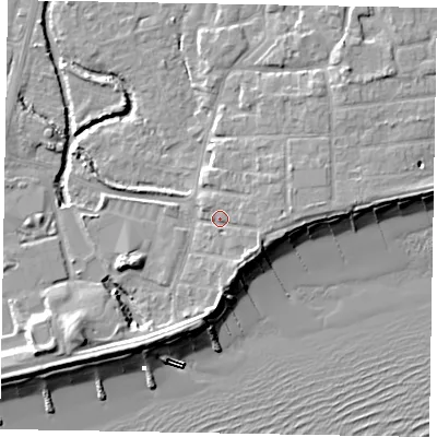 Shaded relief map of the ground around PO227AD, computed from Environment Agency LiDAR. The ground here sits at about 4 m above sea level and falls 11 m across the surrounding 800 m. Surface water reaching this point runs off ground lying to the east, 2.6 m higher.