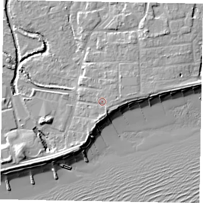 Shaded relief map of the ground around PO227AE, computed from Environment Agency LiDAR. The ground here sits at about 5 m above sea level and falls 11 m across the surrounding 800 m. Surface water reaching this point runs off ground lying to the east, 1.6 m higher.