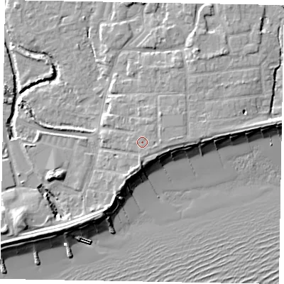 Shaded relief map of the ground around PO227AF, computed from Environment Agency LiDAR. The ground here sits at about 5 m above sea level and falls 10 m across the surrounding 800 m. Surface water reaching this point runs off ground lying to the north-east, 1.0 m higher.