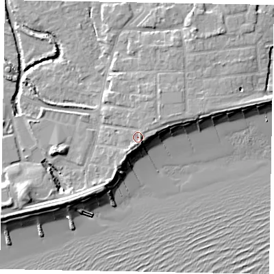Shaded relief map of the ground around PO227AG, computed from Environment Agency LiDAR. The ground here sits at about 5 m above sea level and falls 10 m across the surrounding 800 m. Surface water reaching this point runs off ground lying to the north-east, 1.2 m higher.