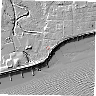 Shaded relief map of the ground around PO227AH, computed from Environment Agency LiDAR. The ground here sits at about 4 m above sea level and falls 11 m across the surrounding 800 m. Surface water reaching this point runs off ground lying to the east-north-east, 2.1 m higher.