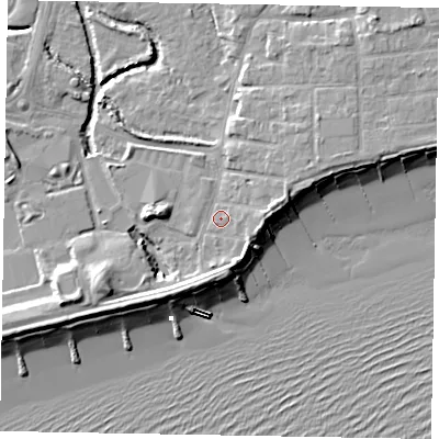 Shaded relief map of the ground around PO227AJ, computed from Environment Agency LiDAR. The ground here sits at about 3 m above sea level and falls 11 m across the surrounding 800 m. Surface water reaching this point runs off ground lying to the east, 2.6 m higher.