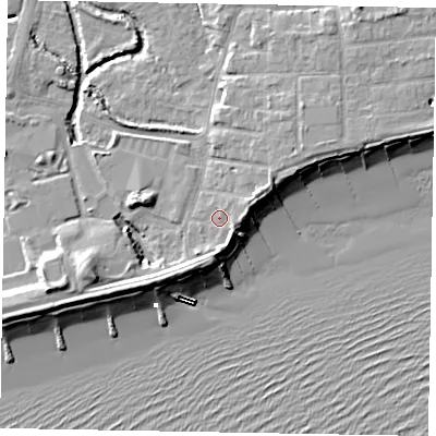 Shaded relief map of the ground around PO227AL, computed from Environment Agency LiDAR. The ground here sits at about 4 m above sea level and falls 11 m across the surrounding 800 m. Surface water reaching this point runs off ground lying to the east-north-east, 2.2 m higher.