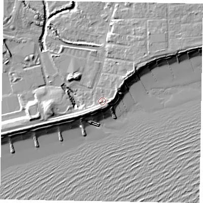 Shaded relief map of the ground around PO227AN, computed from Environment Agency LiDAR. The ground here sits at about 4 m above sea level and falls 11 m across the surrounding 800 m. Surface water reaching this point runs off ground lying to the south-south-west, 3.0 m higher.