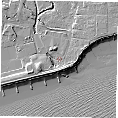 Shaded relief map of the ground around PO227AP, computed from Environment Agency LiDAR. The ground here sits at about 3 m above sea level and falls 11 m across the surrounding 800 m. Surface water reaching this point runs off ground lying to the south, 4.2 m higher.