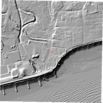 Shaded relief map of the ground around PO227AQ, computed from Environment Agency LiDAR. The ground here sits at about 3 m above sea level and falls 11 m across the surrounding 800 m. Surface water reaching this point runs off ground lying to the east, 3.1 m higher.