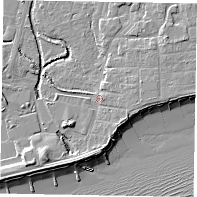 Shaded relief map of the ground around PO227AR, computed from Environment Agency LiDAR. The ground here sits at about 4 m above sea level and falls 11 m across the surrounding 800 m. Surface water reaching this point runs off ground lying to the south-east, 3.4 m higher.